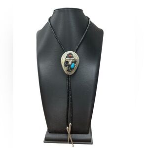 Native American Bolo Tie Necklace With Orange Coral and Blue Turquoise 18in